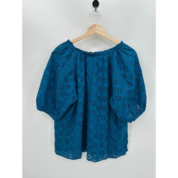 Nuture Westbound Top Women 1X Blue Eyelet Puff Sleeve Cotton Boho Summer Shirt - Picture 2 of 8